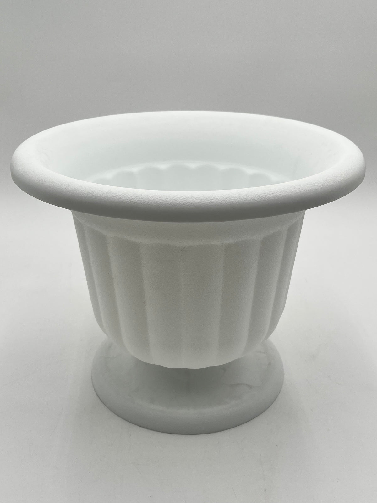 Elegant white two-piece urn short 9x10 size, ideal for floral arrangements, events or memorial décor. Sold @ floralsuppliespoint1.com
