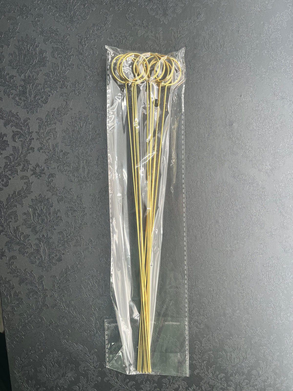 Gold 13.25" metal card holder with round top for events, weddings & floral arrangements, sold retail & wholesale by floralsuppliespoint1.com