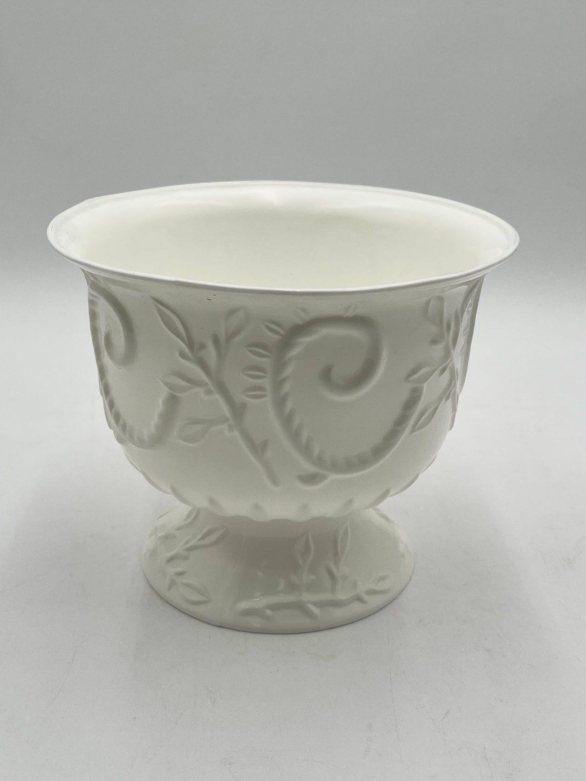 White Empress Urn large. Elegant scrollwork pedestal urns for floral designs, décor, centerpieces or events- sold by floralsuppliespoint1.com