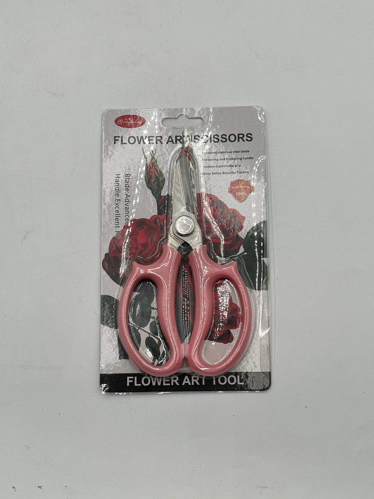 6.5" flower art scissors with stainless steel blades & ergonomic handle in pink. Sold for $7.99 retail by floralsuppliespoint1.com.