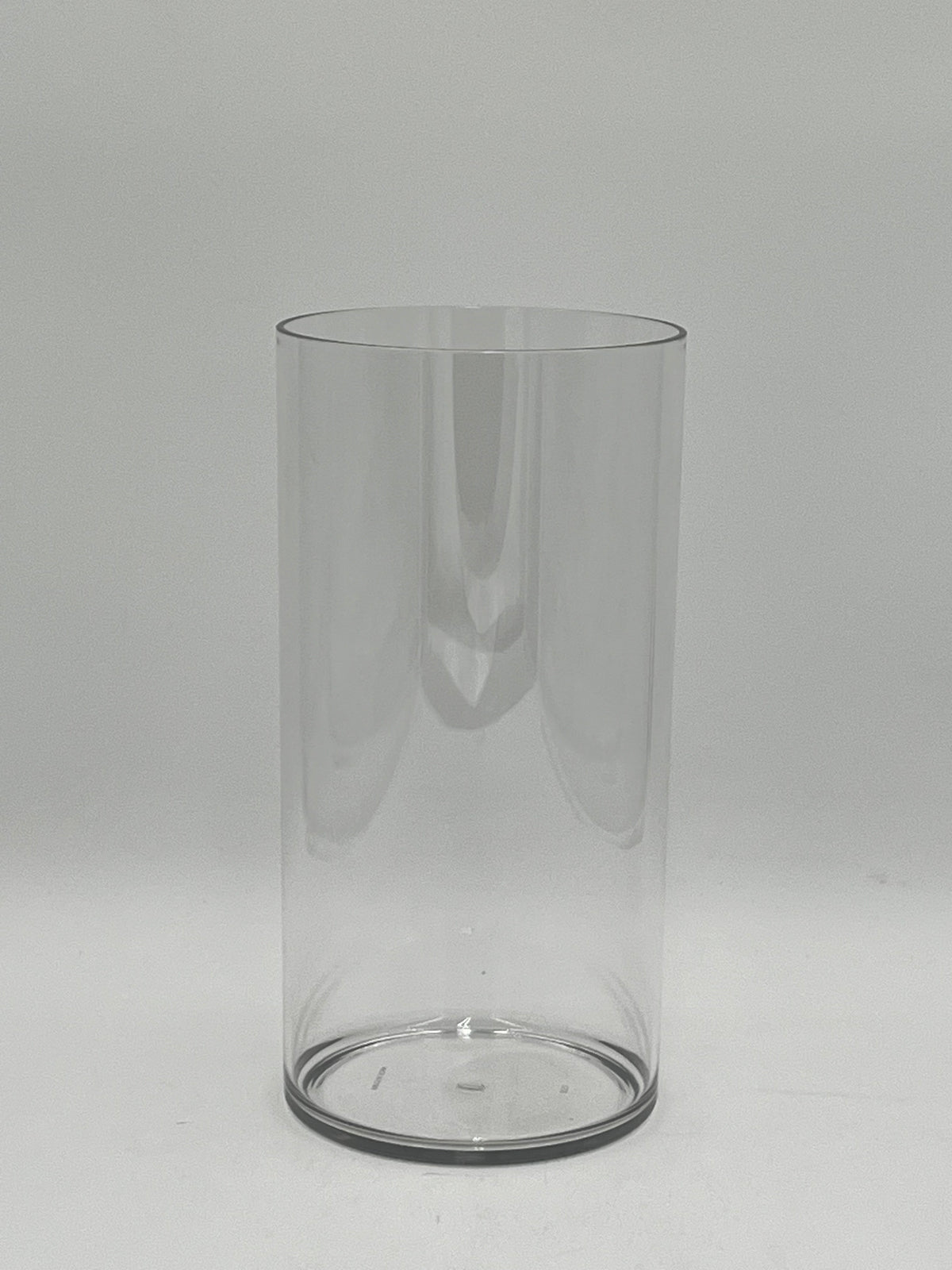 Clear plastic cylinder vases in four sizes for floral design, candles, or decor use. Lightweight and modern. Sold individually by floralsuppliespoint1.com.
