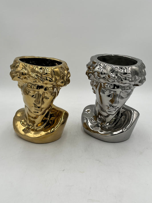 Gold and silver ceramic bust vases with reflective finish, titled Apollo Gaze — modern artistic décor sold by floralsuppliespoint1.com for $14.99 each