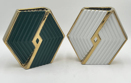 Two hexagonal ceramic vases with gold trim in white and green, each 9" x 4" and 3 lbs, ideal for floral designs. Available at floralsuppliespoint1.com