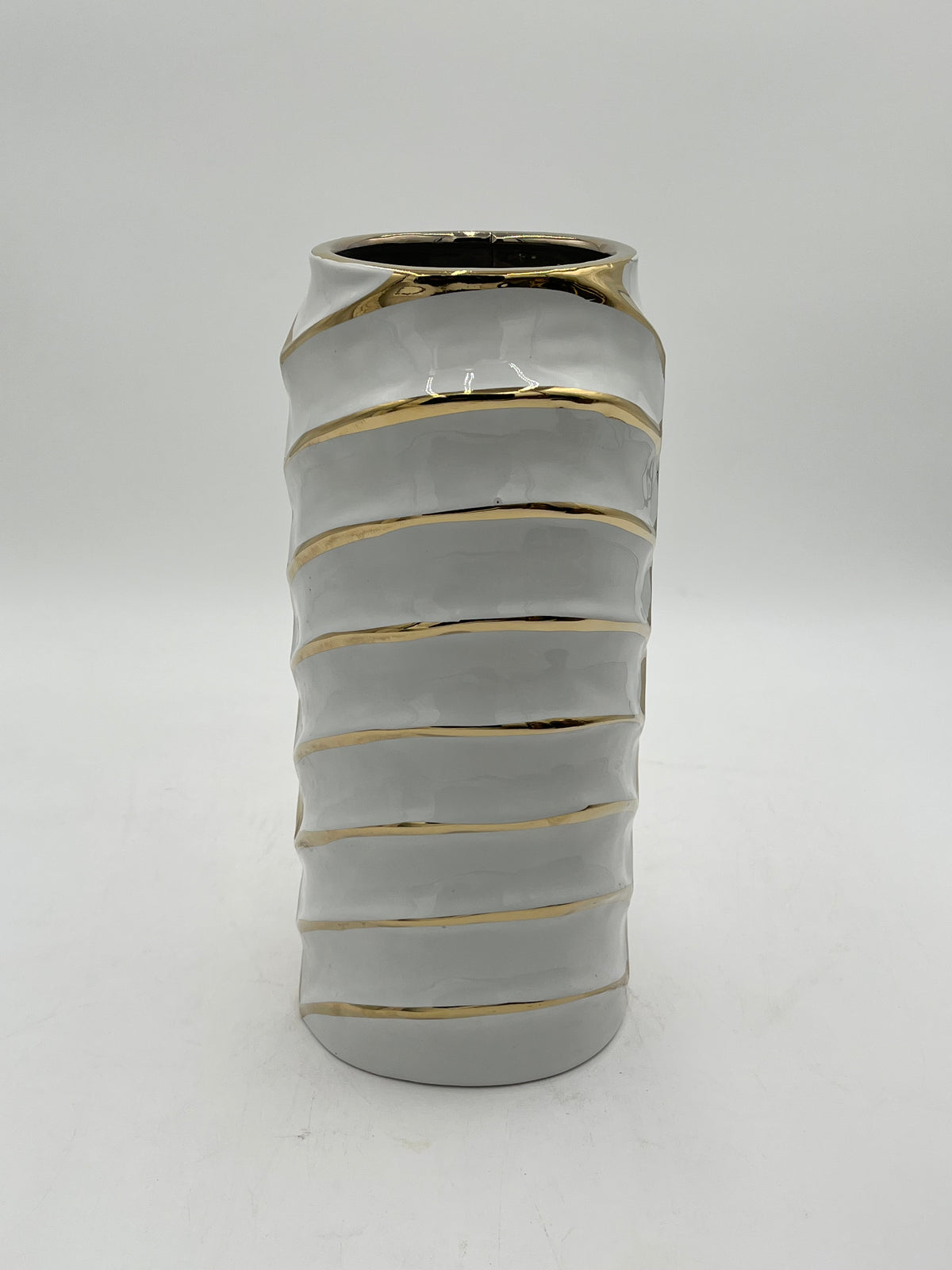 12 x 4 ceramic vases with a modern chevron design with gold accents in  white, sold by floralsuppliespoint1.com