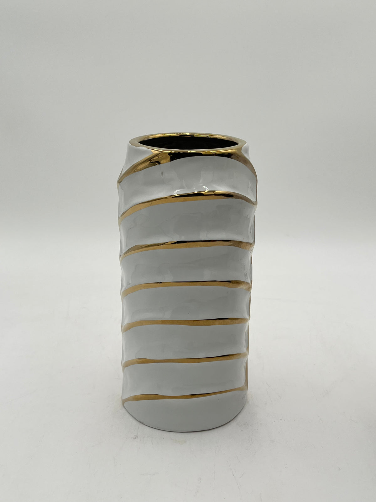 10 x 3 ceramic vases with a modern chevron design with gold accents in white, sold by floralsuppliespoint1.com