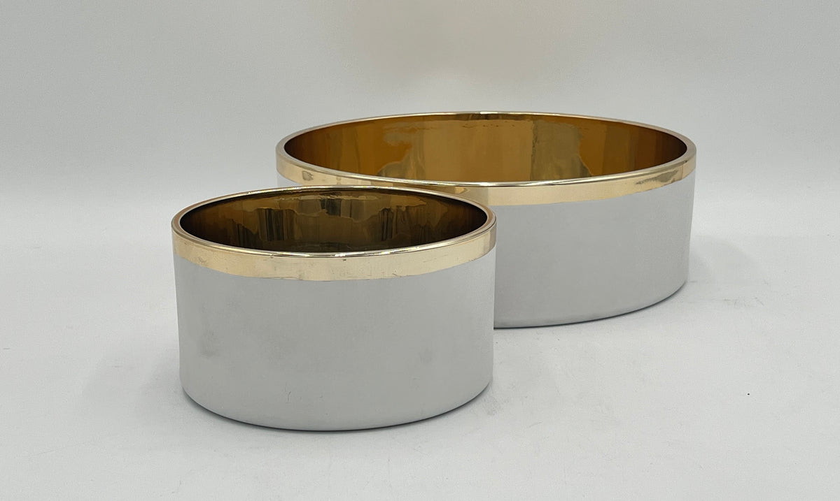 Edgeline ceramic vases in sleek white with gold rim. Modern round design perfect for floral displays and home décor sold by floralsuppliespoint1.com.
