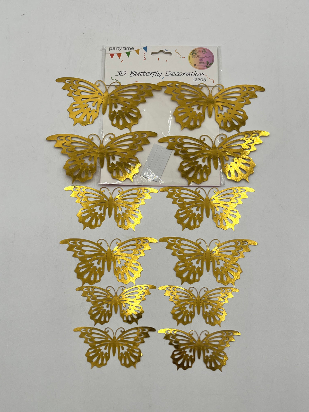 Elegant Monarch Gold 3D Butterfly Decoration, 12 pcs for weddings, floral, and party décor. Retail & wholesale by floralsuppliespoint1.com.