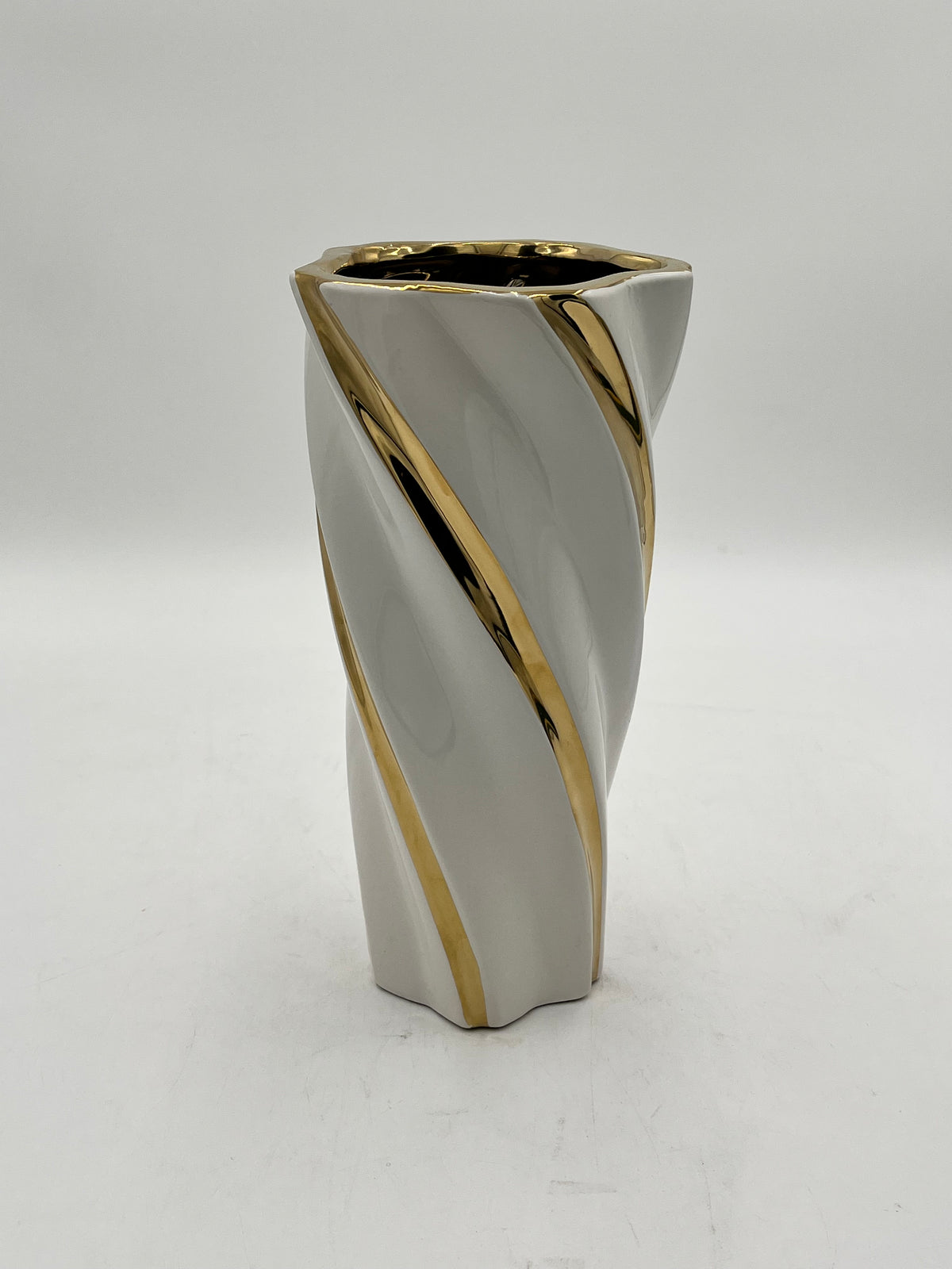 Gilded Helix ceramic vases with gold swirl in White. Available in Large size for $19.99 by floralsuppliespoint1.com.