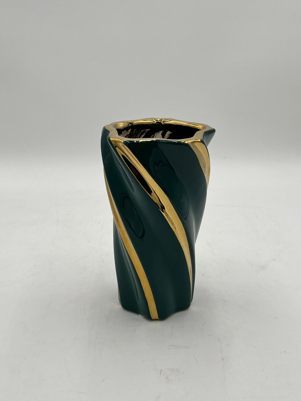 Gilded Helix ceramic vases with gold swirl in Green. Available in Medium size for $14.99 by floralsuppliespoint1.com.