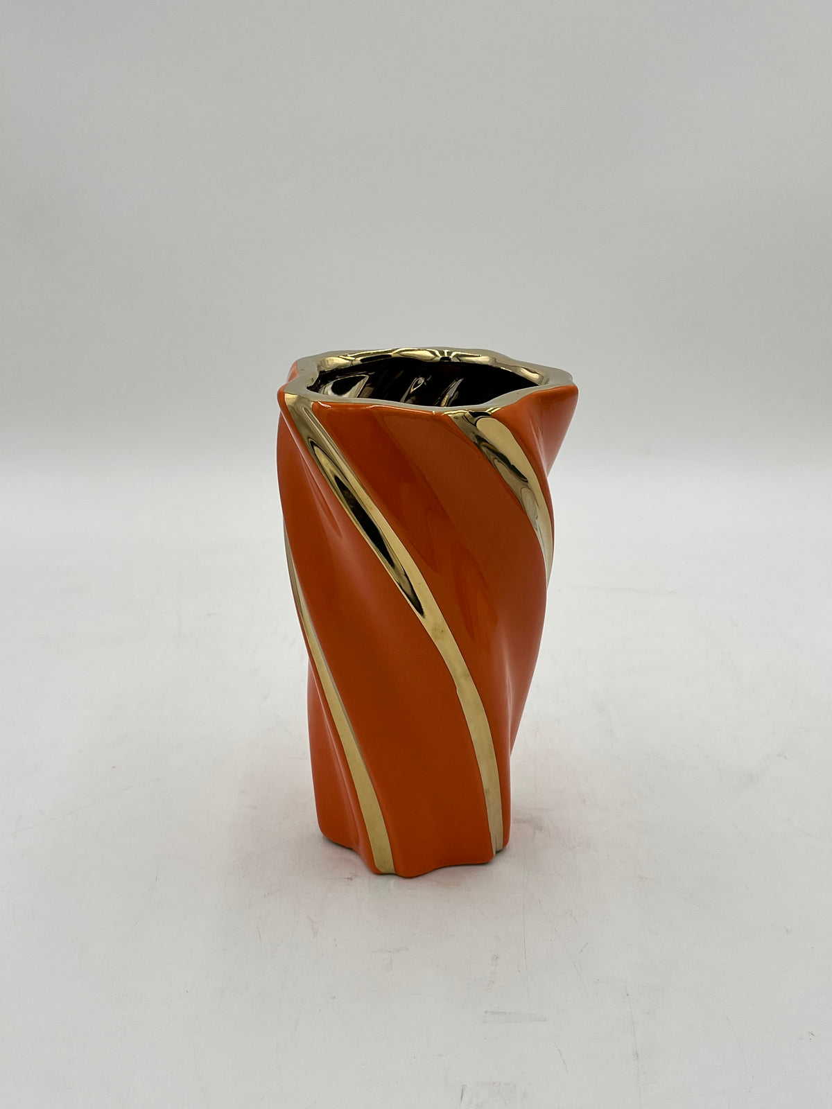Gilded Helix ceramic vases with gold swirl in Orange. Available in Medium size for $14.99 by floralsuppliespoint1.com.