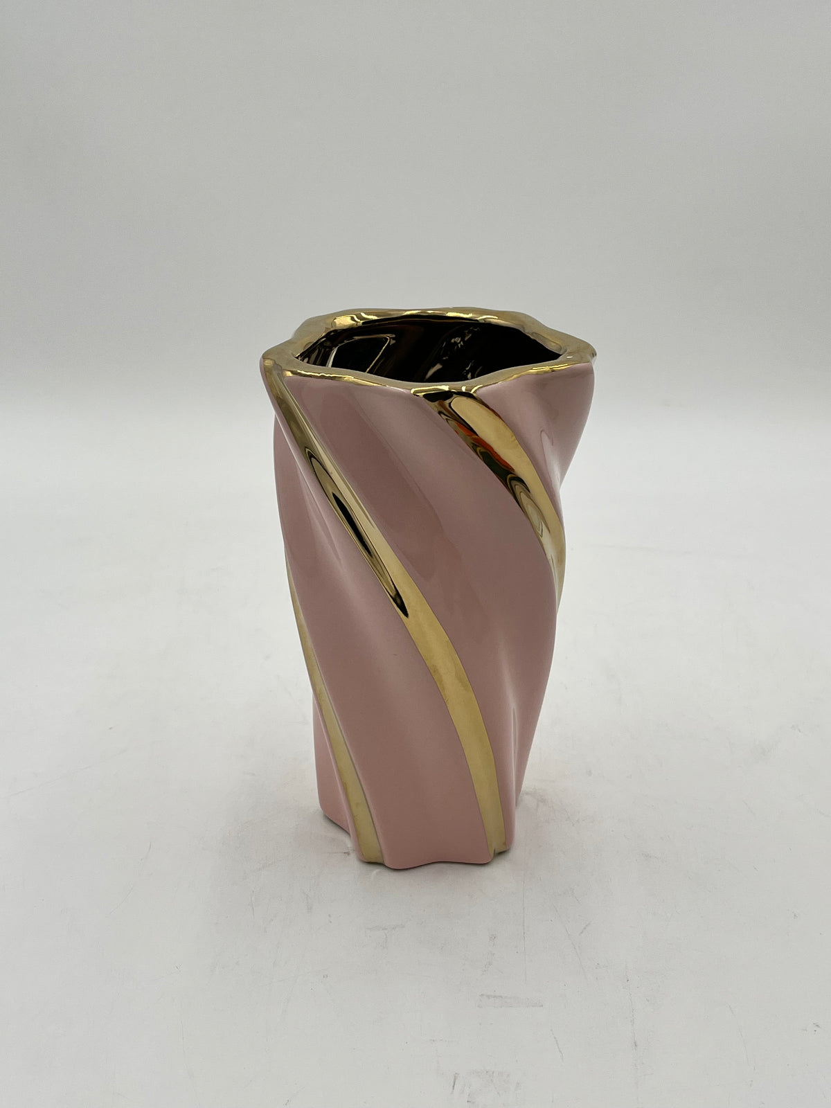 Gilded Helix ceramic vases with gold swirl in Pink. Available in Medium size for $14.99 by floralsuppliespoint1.com.