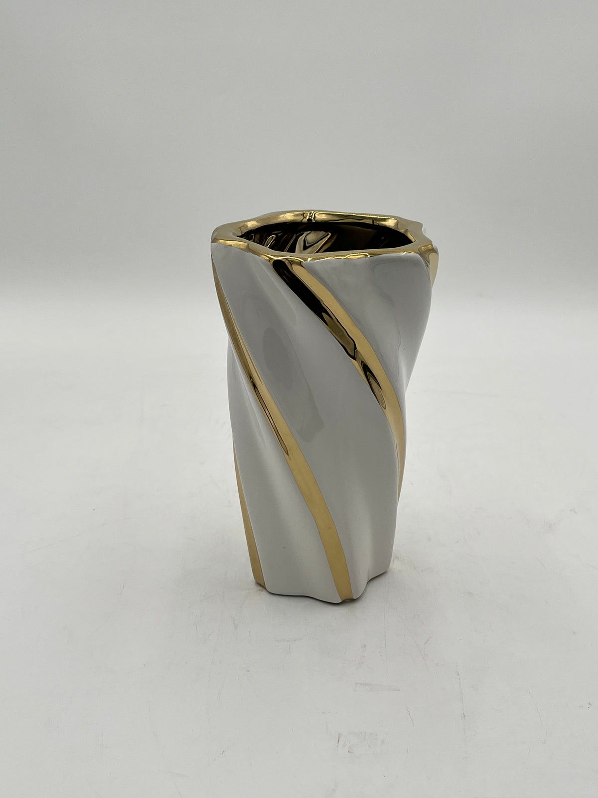 Gilded Helix ceramic vases with gold swirl in White. Available in Medium size for $14.99 by floralsuppliespoint1.com.