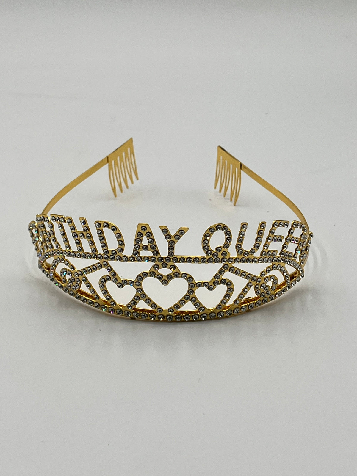 Rhinestone “Birthday Queen” tiaras in gold, rose gold & silver with heart accents, sold retail & wholesale by floralsuppliespoint1.com.