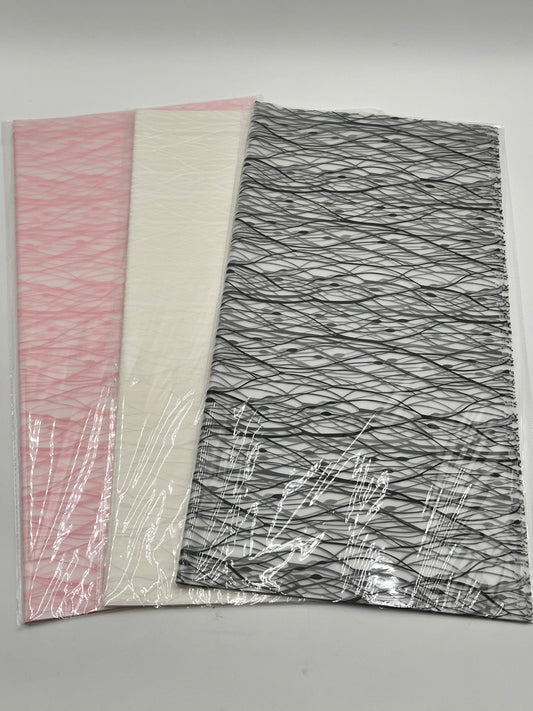 Gossamer Luxe Set– 22x22” web-pattern floral wrapping sheets in Pink, White & Black. Elegant, modern & sold in packs of 20 for $9.99 by floralsuppliespoint1.com