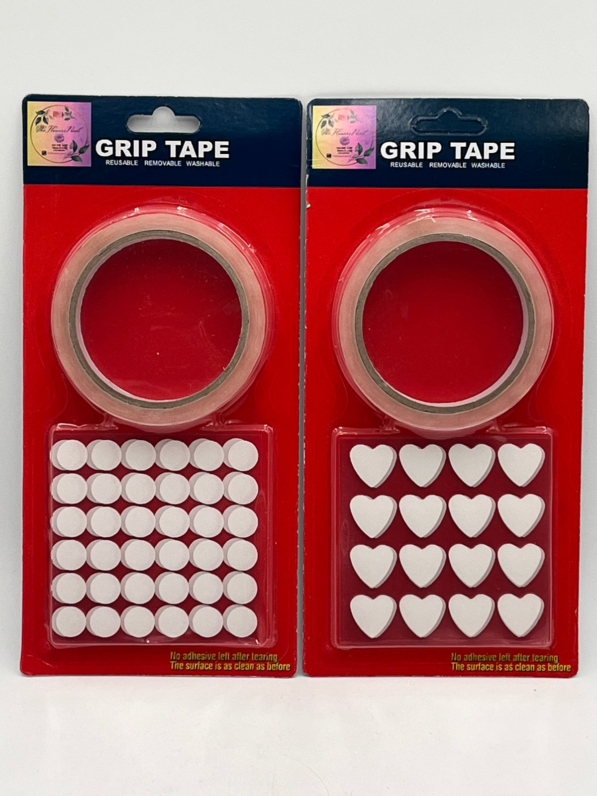 Reusable Grip Tape in circle and heart shapes— extra strong, washable and removable. Sold individually or wholesale by floralsuppliespoint1.com