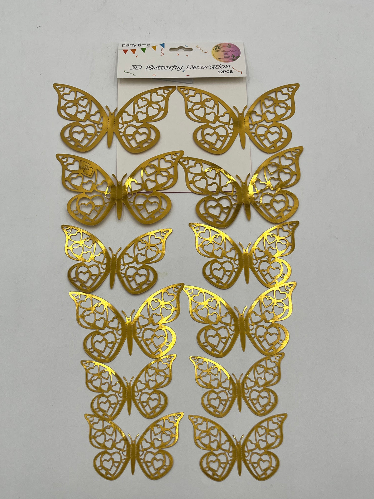 Heart Wings 3D Gold Butterfly Decoration, 12 pcs for weddings, floral, birthday, and party décor. Sold retail & wholesale by floralsuppliespoint1.com.