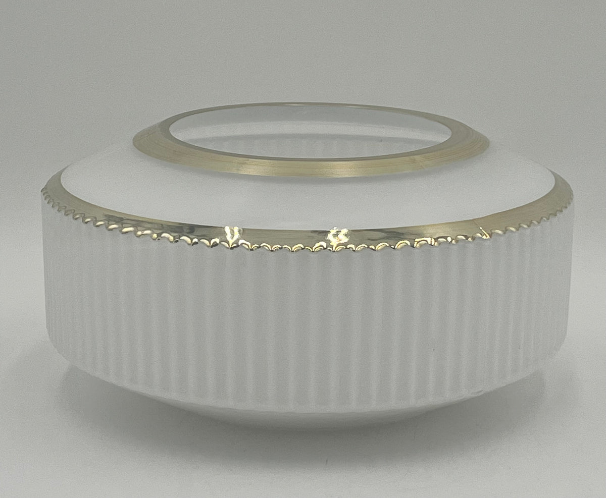 The Orlena 5 x 5.5 Op by Floral Supplies Point is a white, round ribbed glass bowl with gold-trimmed rim, featuring a wide opening and timeless charm, displayed on a plain white background.