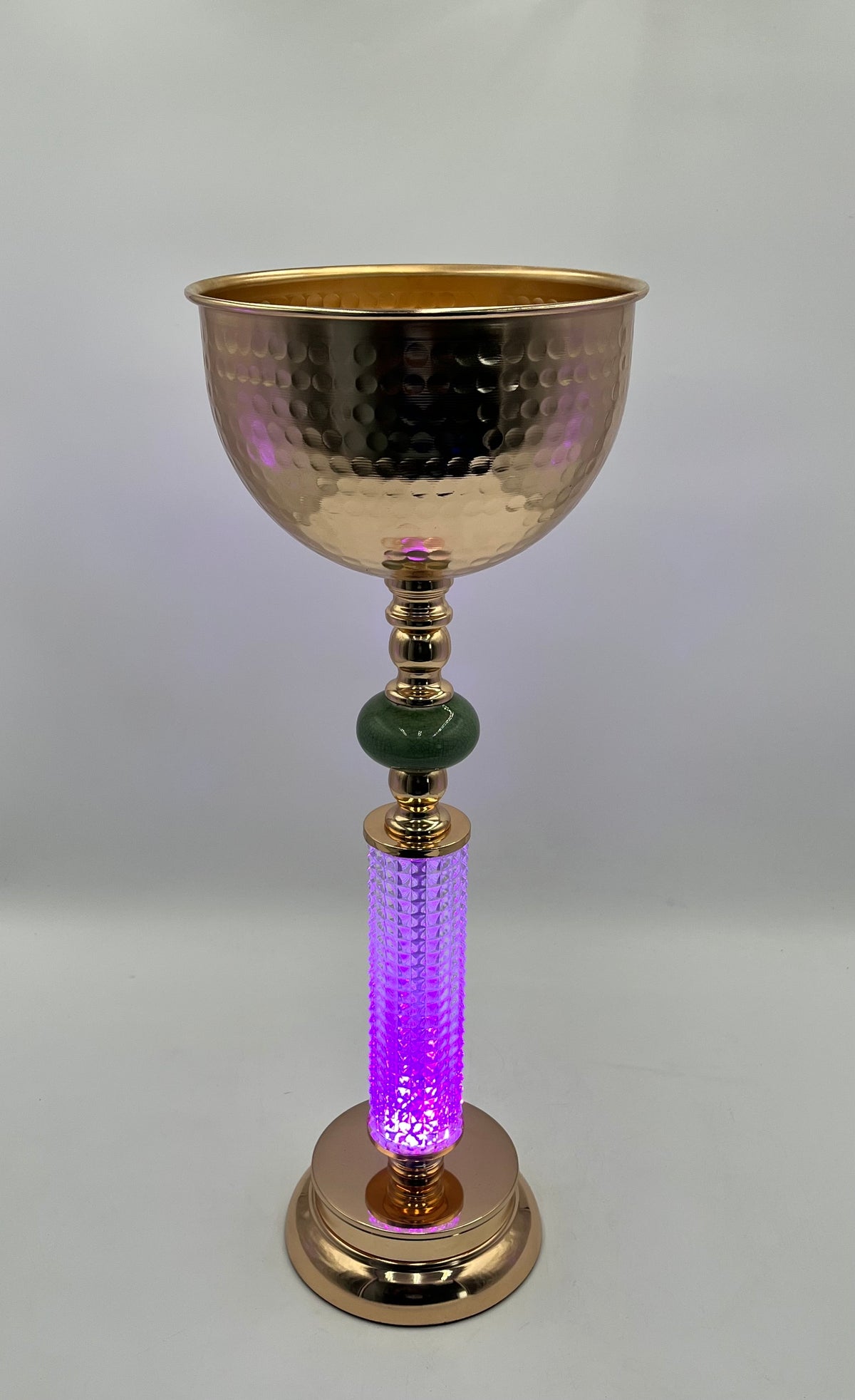 LuxeGlow Chalice Vase Set with USB color-changing lights in R, G, B, Y, Aq, P, W. Includes 2 hammered metal vases with jade accents, sold by floralsuppliespoint1.com.