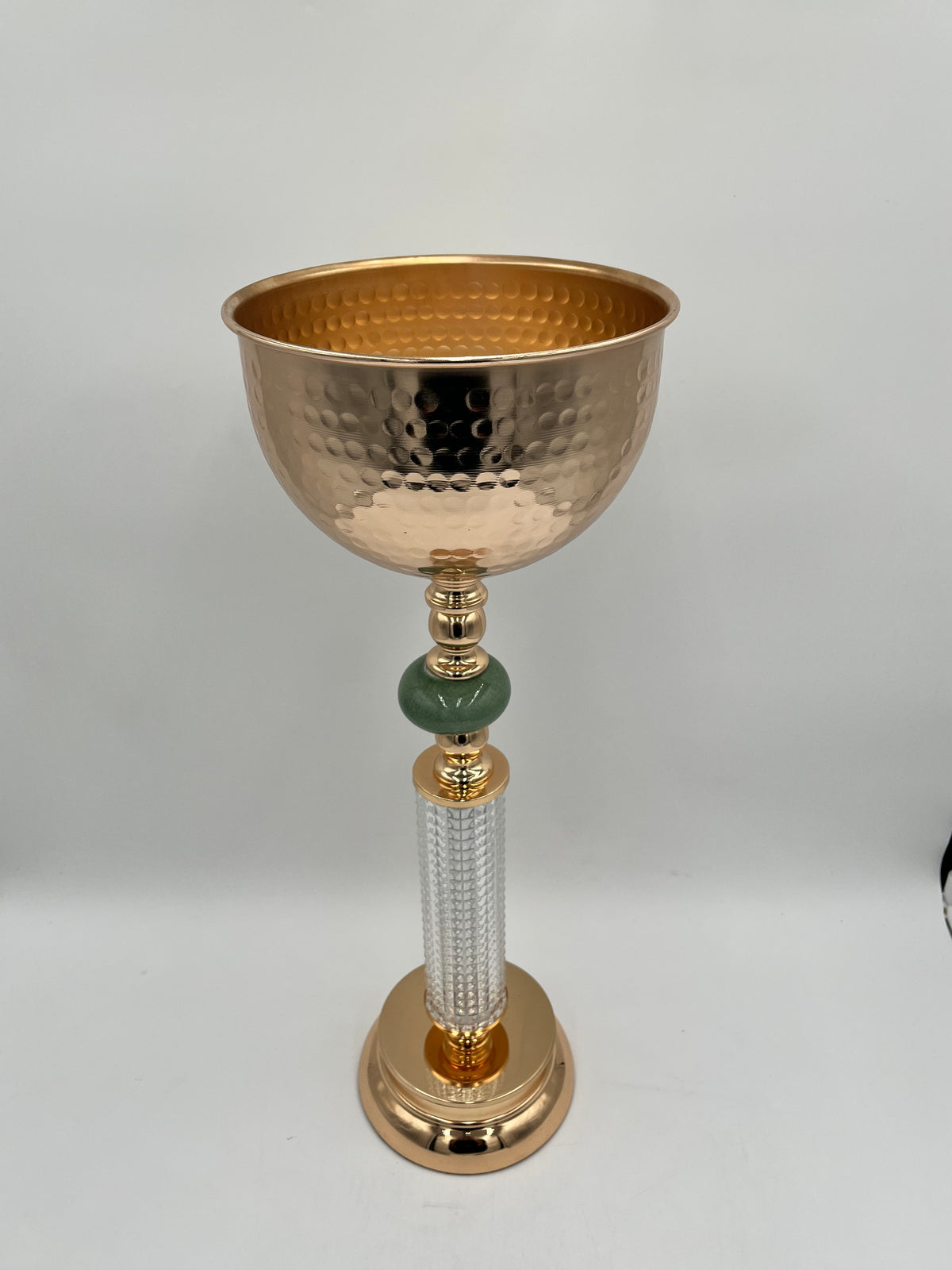 LuxeGlow Chalice Vase Set with USB color-changing lights in R, G, B, Y, Aq, P, W. Includes 2 hammered metal vases with jade accents, sold by floralsuppliespoint1.com.