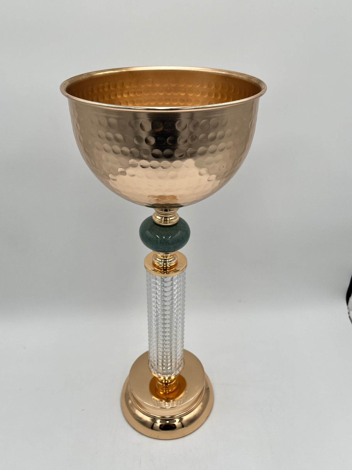 LuxeGlow Chalice Vase Set with USB color-changing lights in R, G, B, Y, Aq, P, W. Includes 2 hammered metal vases with jade accents, sold by floralsuppliespoint1.com.