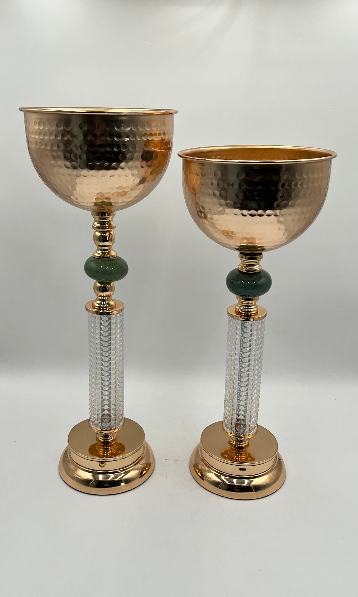 LuxeGlow Chalice Vase Set with USB color-changing lights in R, G, B, Y, Aq, P, W. Includes 2 hammered metal vases with jade accents, sold by floralsuppliespoint1.com.