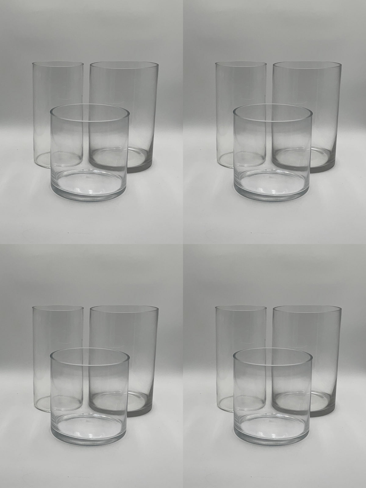 LuxeRound Cylinder Trio clear glass vases in small, medium, and large sizes for floral arrangements, home décor, or event use. Available individually and bulk at floralsuppliespoint1.com.