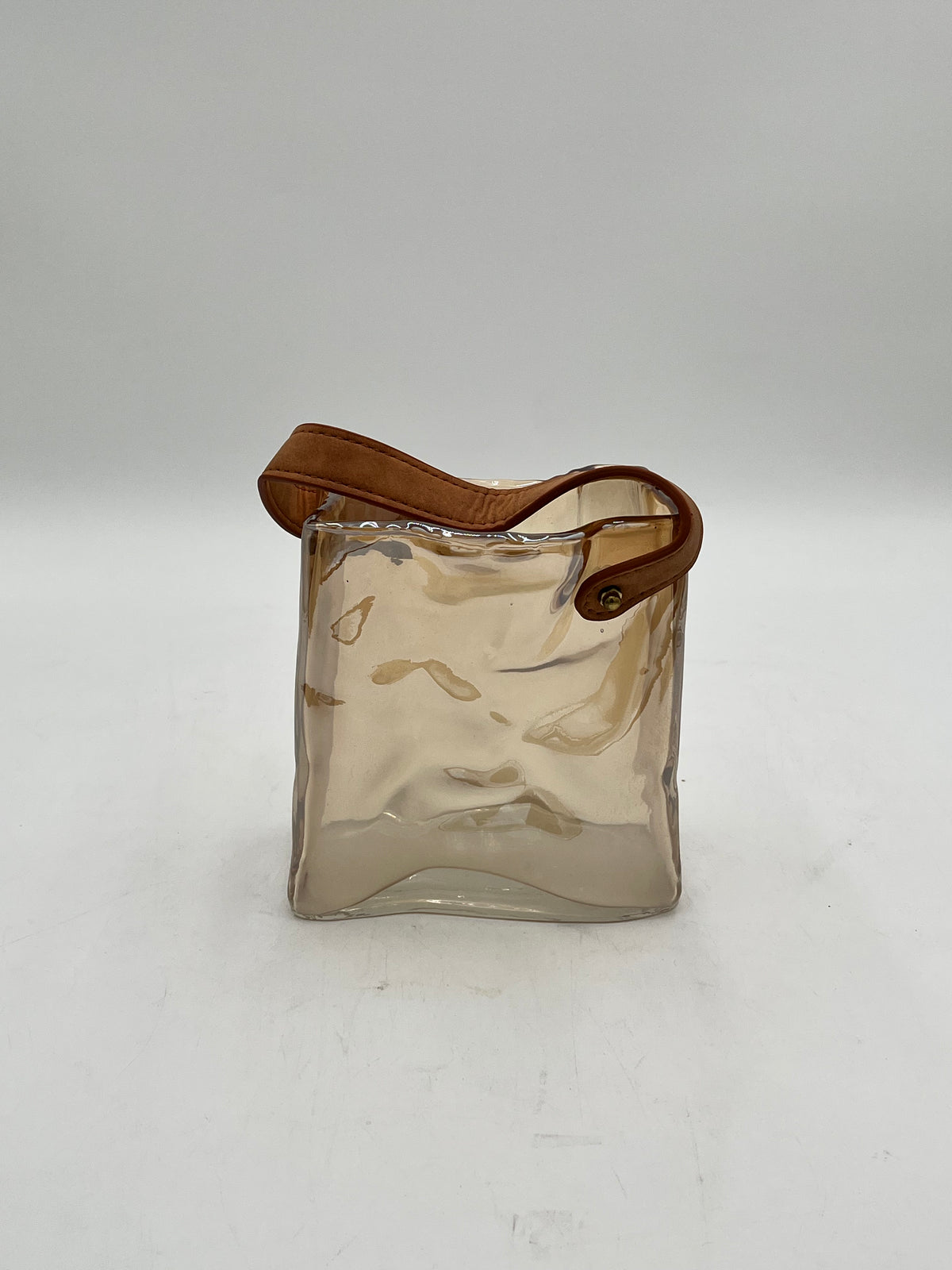 Nomad Tote glass vase with suede handles in champagne beige, small size. Modern décor sold by floralsuppliespoint1.com