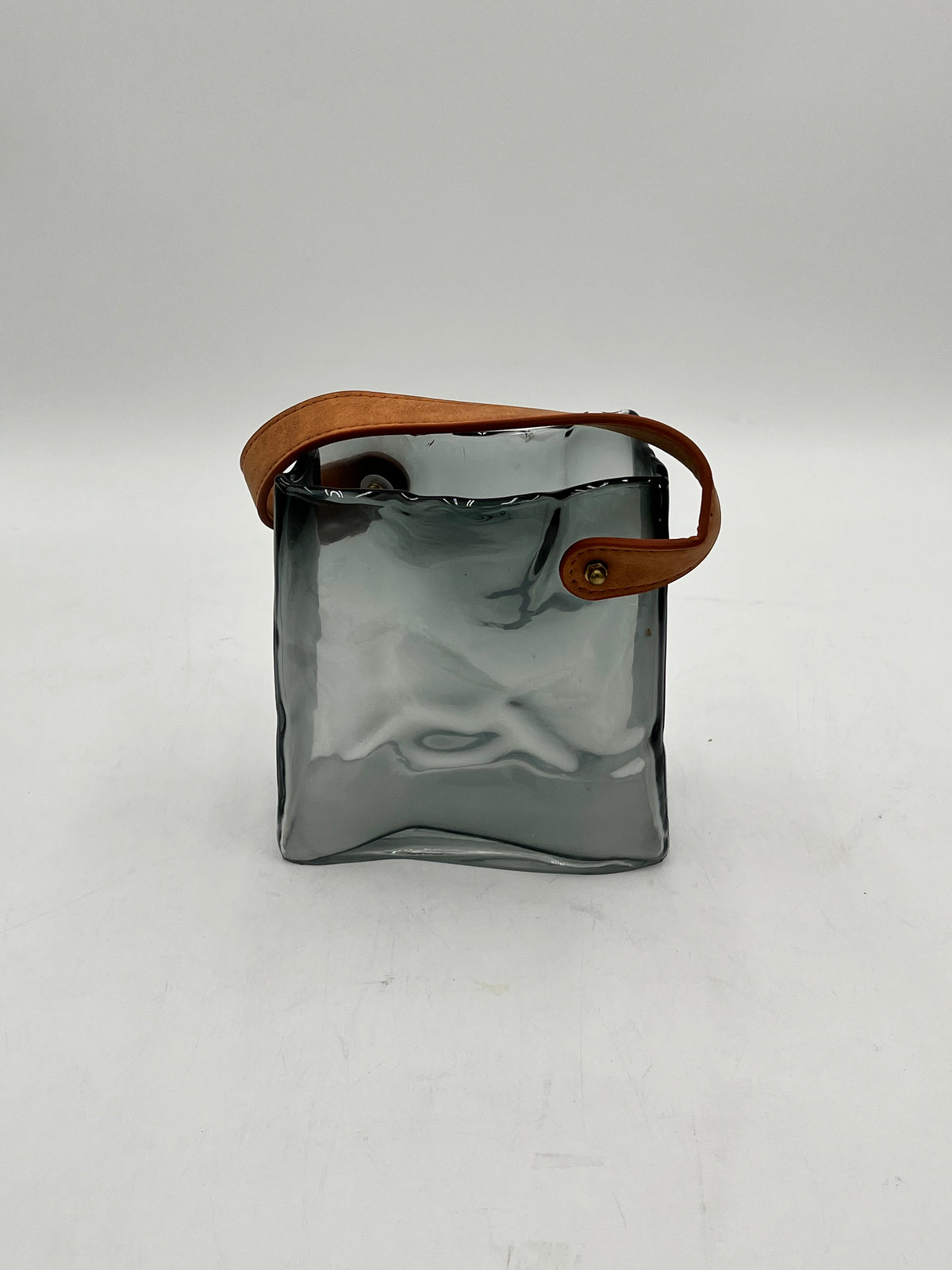 Nomad Tote glass vase with suede handles in smoke gray, small size. Modern décor sold by floralsuppliespoint1.com