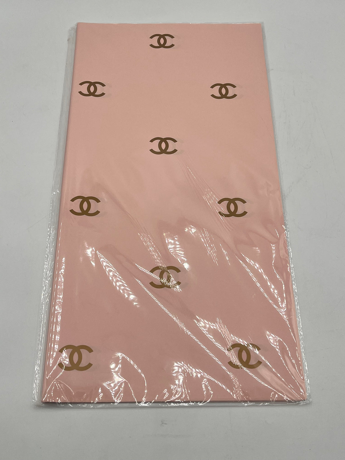 Paris Luxe CC Collection– in peach, designer-inspired wrapping papers with gold & black logos. 20 sheet pack for $9.99 each by floralsuppliespoint1.com