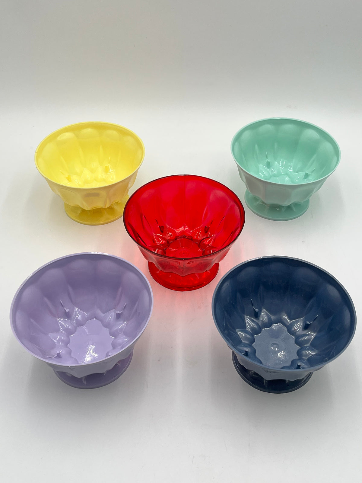 Set of 4x6 inch pastel pedestal bowls in 5 colors: green yellow blue red lilac. Available @ floralsuppliespoint1.com for $5.99 each