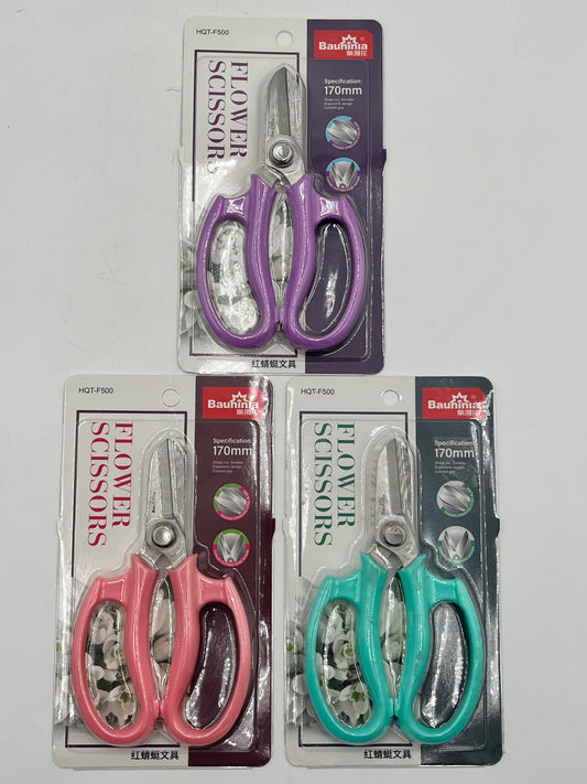 Precision Floral Scissors 170mm with stainless steel blades, 3 handle colors available:purple, pink or teal. Sold for $7.99 each by floralsuppliespoint1.com.