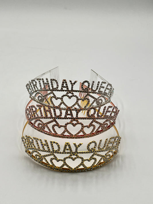 Three rhinestone “Birthday Queen” tiaras in gold, rose gold & silver with heart accents, sold retail & wholesale by floralsuppliespoint1.com.