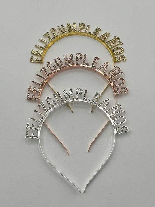 Gold, rose gold & silver Rhinestone "Feliz Cumpleaños" headbands, 5" tall, sold retail & wholesale by floralsuppliespoint1.com.