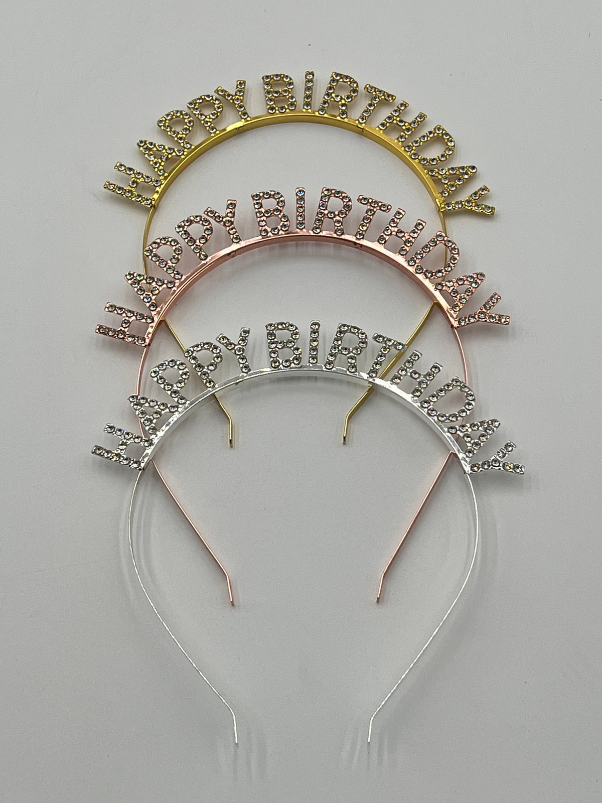 Rhinestone Happy Birthday headbands in gold, rose gold, and silver – sold by floralsuppliespoint1.com