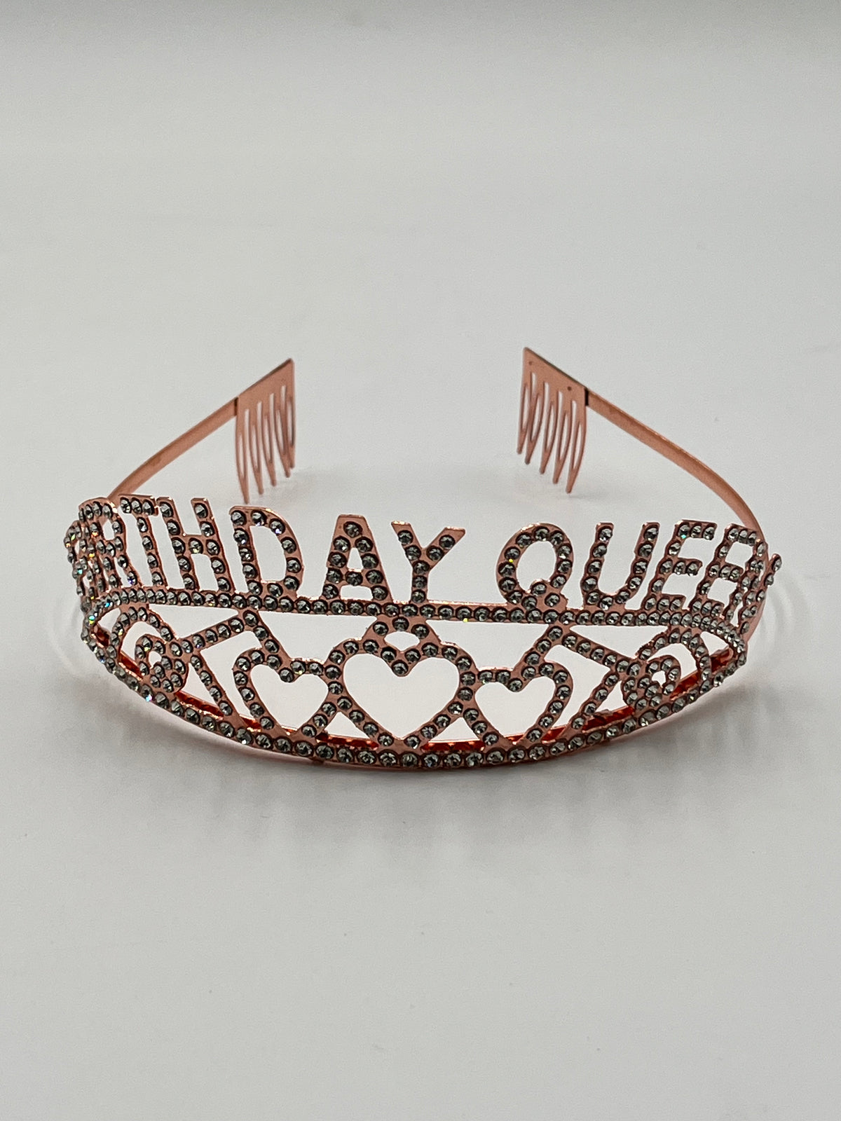 Rhinestone “Birthday Queen” tiaras in gold, rose gold & silver with heart accents, sold retail & wholesale by floralsuppliespoint1.com.