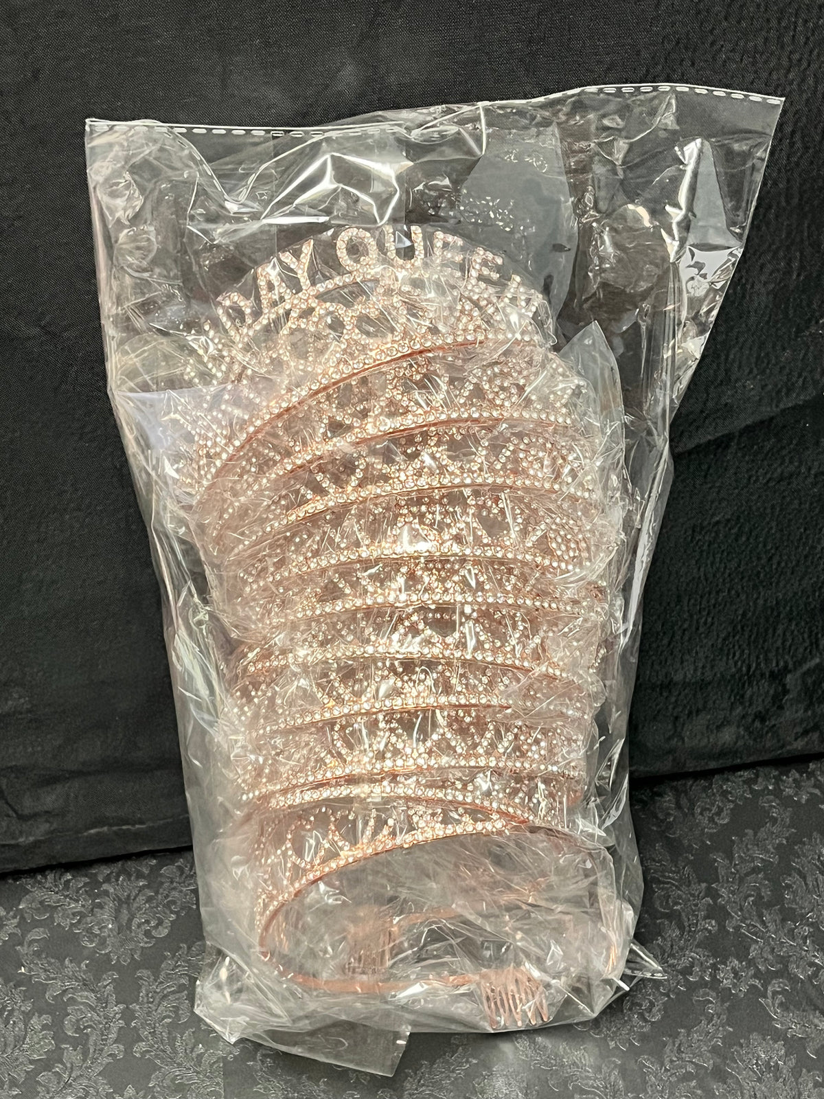 Rhinestone “Birthday Queen” tiaras in gold, rose gold & silver with heart accents, sold wholesale $34.99 by floralsuppliespoint1.com.