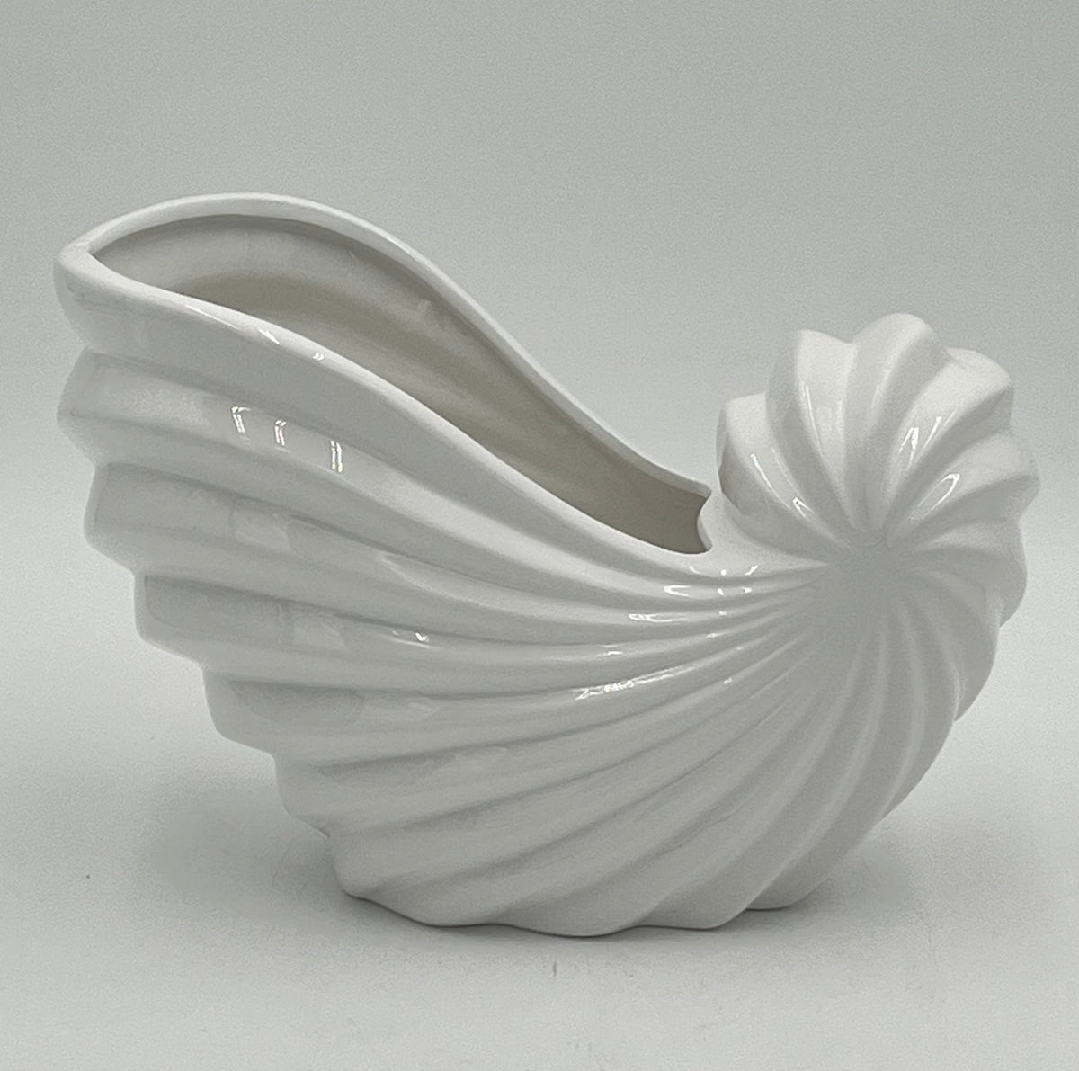 Shellglo ceramic vases in glossy white with spiral shell design, 6" x 6.5", 1.60 lbs each, sold by floralsuppliespoint1.com. Ideal for coastal floral decor and small arrangements.