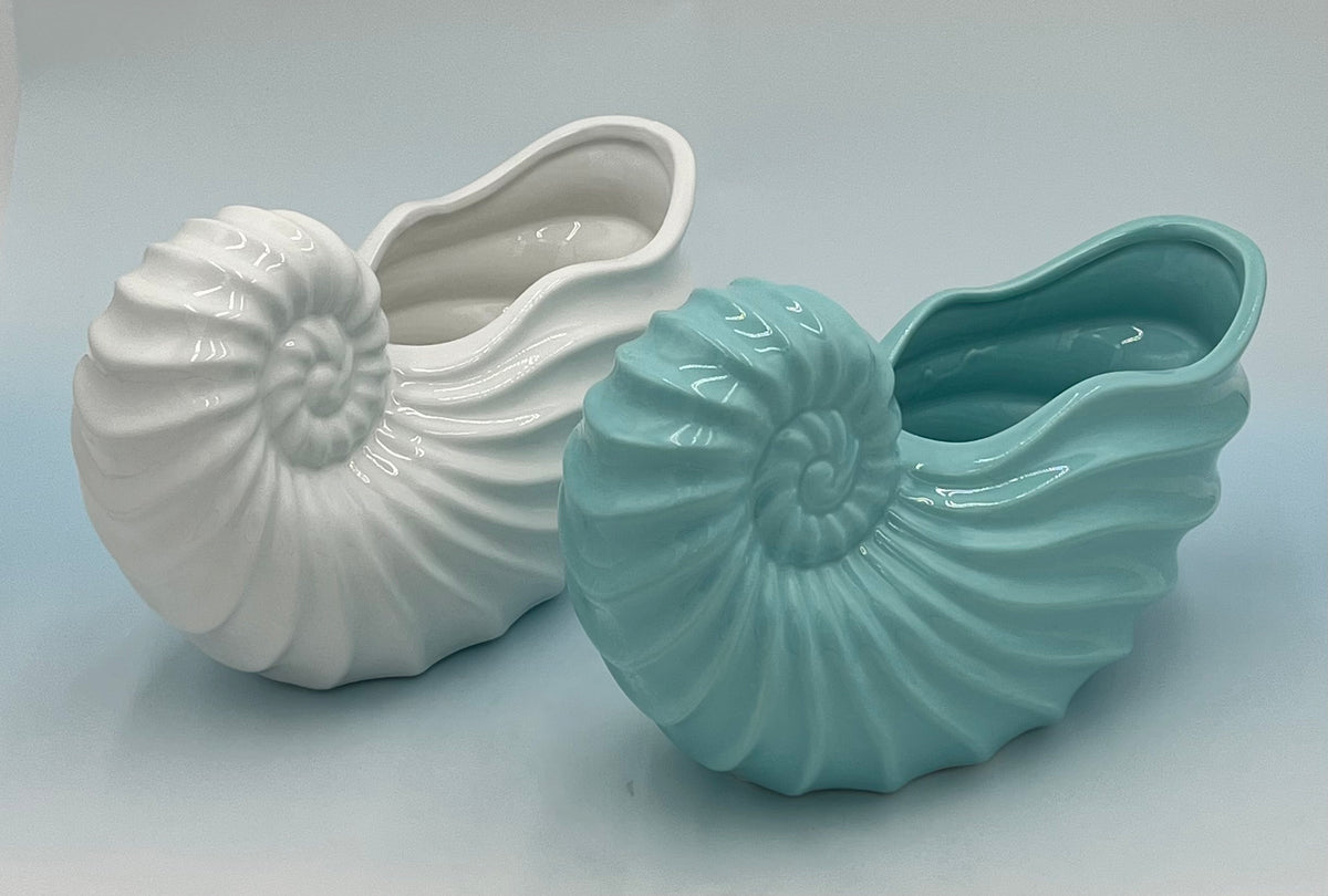 Shellhaven ceramic nautilus vases in glossy white and soft aqua, 5" x 5.5 Op, 1.5 lbs , available from floralsuppliespoint1.com. Ideal for compact floral arrangements with a touch of seaside elegance.