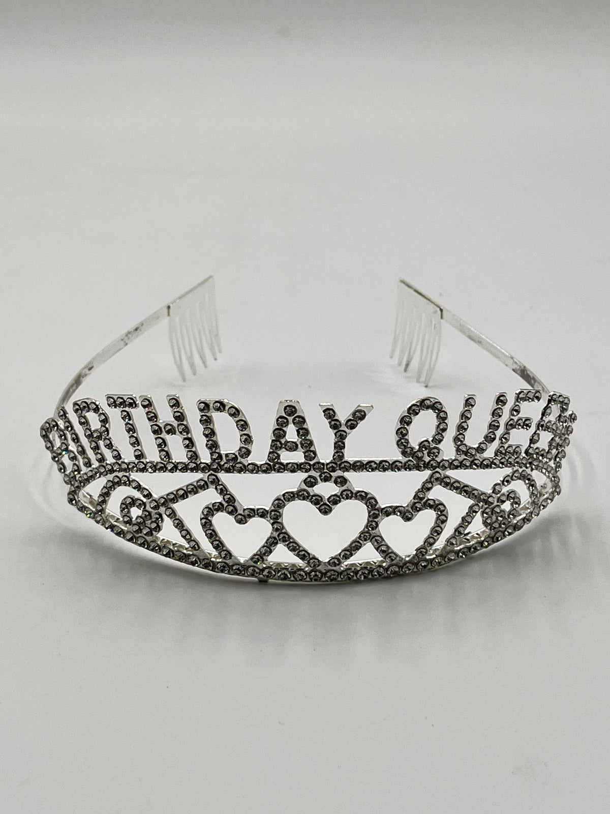Rhinestone “Birthday Queen” tiaras in gold, rose gold & silver with heart accents, sold retail & wholesale by floralsuppliespoint1.com.