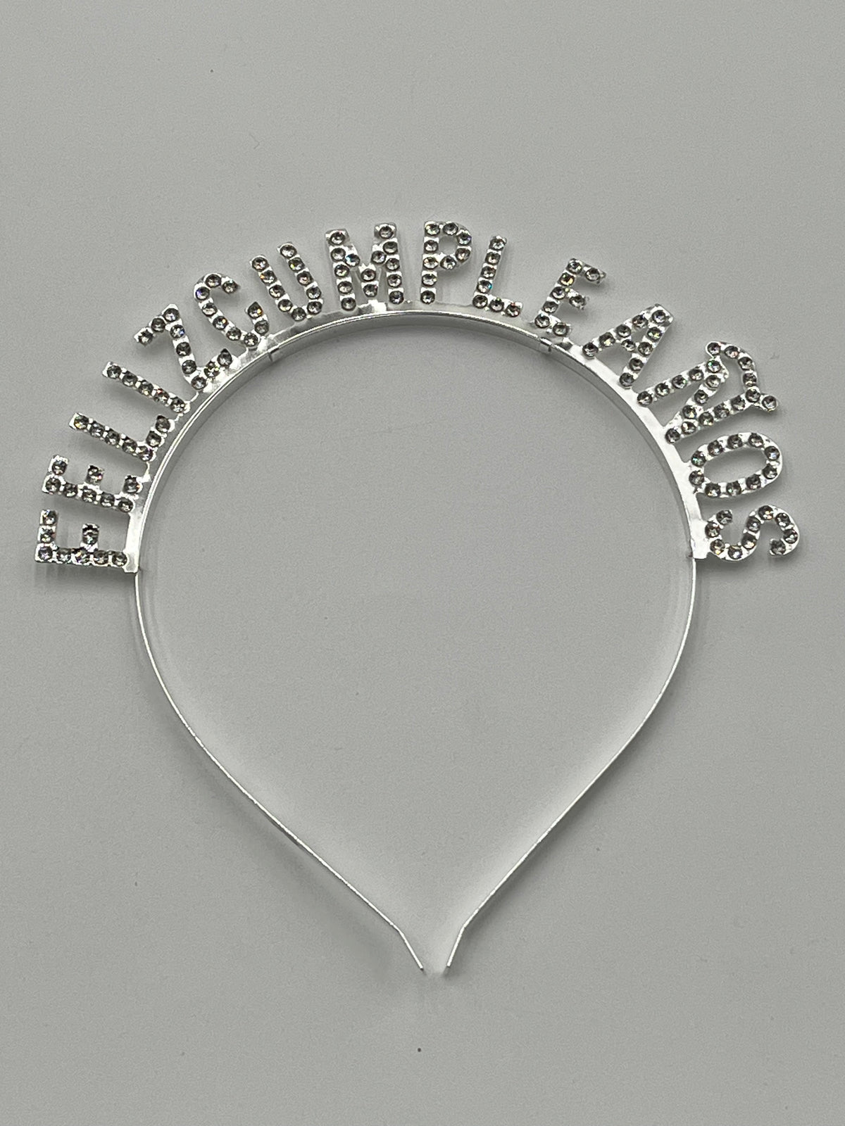 Silver Rhinestone "Feliz Cumpleaños" headbands, 5" tall, sold retail & wholesale by floralsuppliespoint1.com.