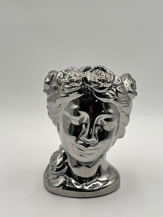 Venus Bloom ceramic vases in silver  with floral crown design. Elegant statement décor for floral displays sold by floralsuppliespoint1.com.