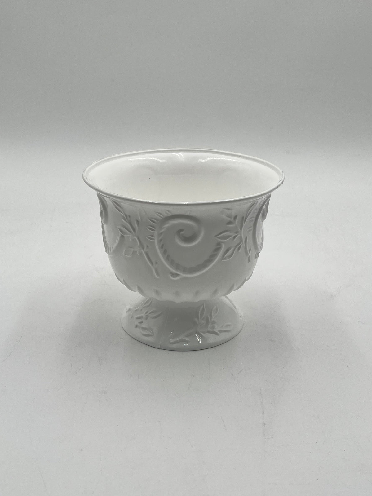 White Empress Urn small. Elegant scrollwork pedestal urns for floral designs, décor, centerpieces or events- sold by floralsuppliespoint1.com
