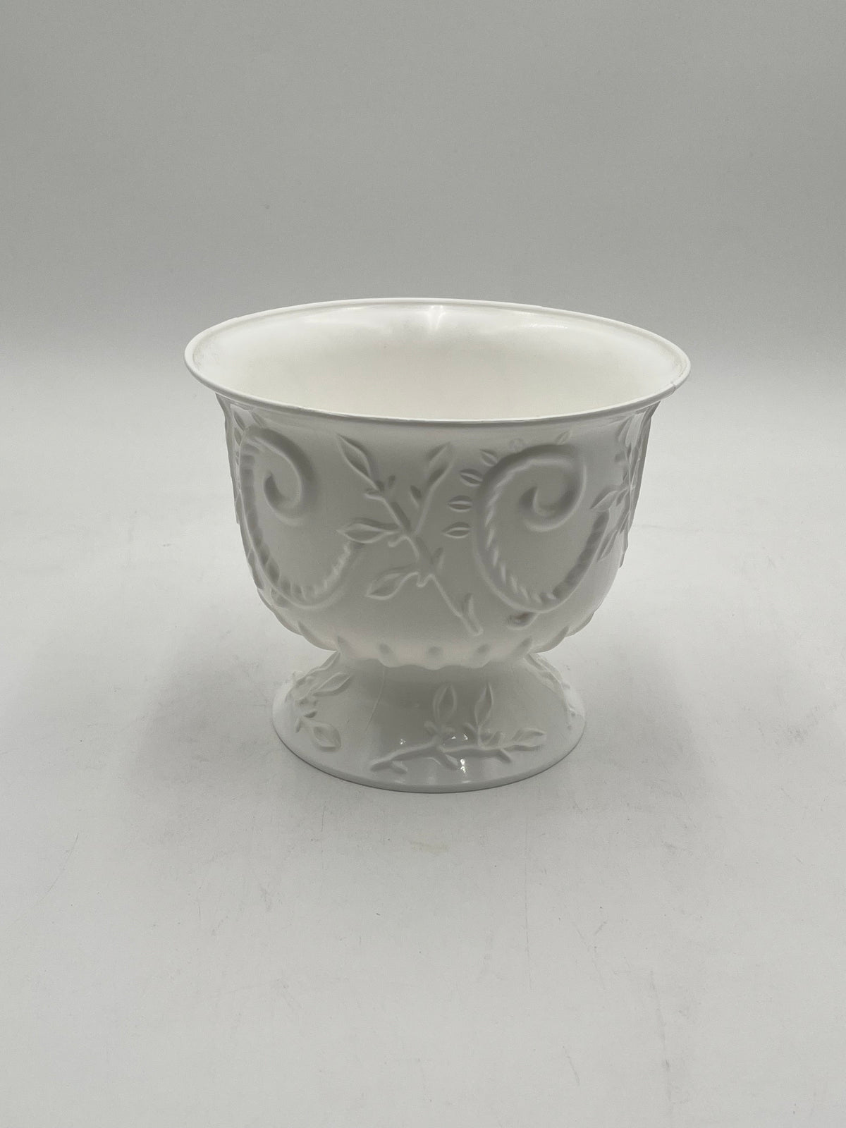White Empress Urn medium. Elegant scrollwork pedestal urns for floral designs, décor, centerpieces or events- sold by floralsuppliespoint1.com